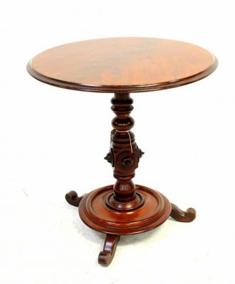 A Victorian circular topped occasional table with turned and carved column and an Edwardian inlaid mahogany purdonium (2).