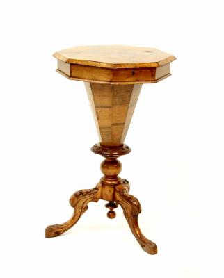 A Victorian walnut sewing table of trumpet form with octagonal top, on carved tripod base, fitted interior, width 45cm, height 74cm.