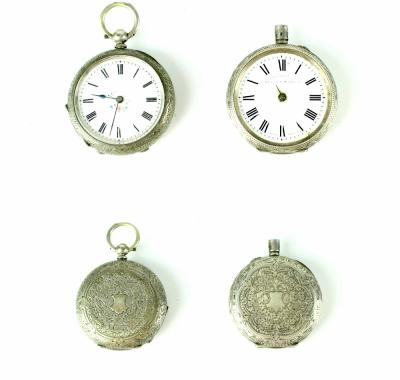 Two hallmarked silver pocket watches with fancy cases, the dial of one example inscribed, 'Sunlight soap saves time & Labour', both approximately 39mm (2).