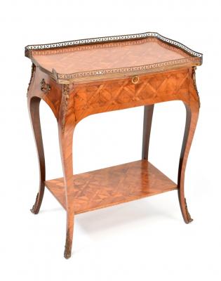A late 19th/early 20th century mahogany side table with single frieze drawer, brush-in slide, parquetry top and pierced brass gallery rail, gilt brass mounts, on cabriole legs with under tier, width 38cm, height 70cm, depth 57cm.