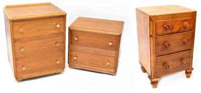 A retro teak-effect three-drawer chest of drawers and a matching two-drawer chest of drawers, the largest 79 x 60cm, a pine-effect three-drawer chest of drawers to squat baluster supports, 89 x 56cm and an Art Deco style cupboard (4).