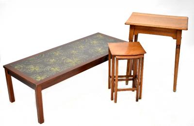 A retro tile-topped coffee table, an Edwardian oak rectangular side table on turned supports and a nest of two Waring & Gillow tables (3).