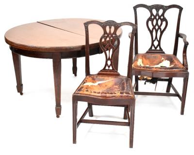 An early 20th century mahogany extending dining table with two extra leaves, on square tapering supports to spade feet, also a set of eight 19th century mahogany Chippendale-style chairs for restoration (6+2) (af).