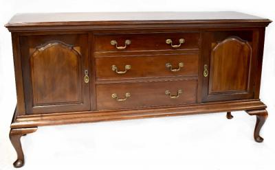 A 19th century style mahogany sideboard comprising three drawers and two cupboards, one with cellarette drawer, on cabriole legs, height 97cm, width approx 184cm, depth 58cm.