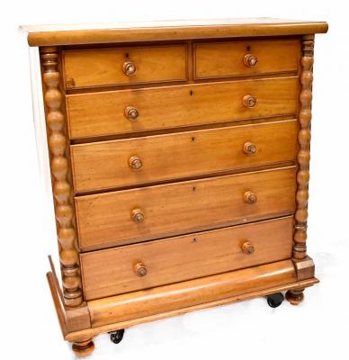 A Victorian mahogany two-over-four chest of drawers, turned column decoration to either side with turned knobs inset with mother of pearl, to squat baluster supports, height 135cm, width 124cm, depth 58cm.