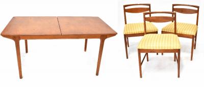 A retro Mackintosh teak extending dining table to tapering supports, two extra leaves to the centre, length when extended 235cm and six matching dining chairs (7).