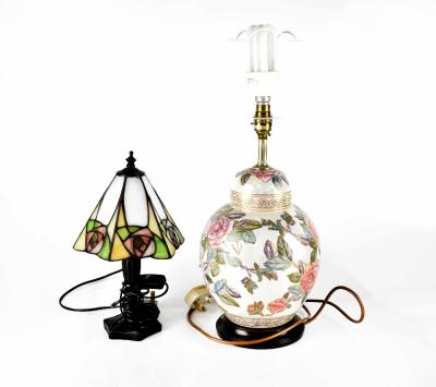 A large baluster table lamp, iridescent ground with floral and foliate gilt-heightened decoration, height 35cm and a small modern Tiffany-style lamp (2).