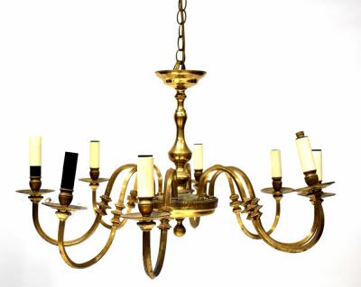 A pair of eight-branch brass electroliers with scroll arms on circular base, height 45cm (2).