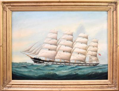 ATTRIBUTED TO LAI FONG (Chinese, fl 1890-1910); oil on canvas, tall masted ship 'Romsdal' at sea, unsigned, 48 x 67cm, framed.