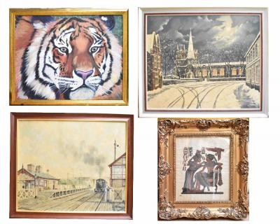 T N LALLY; two oils on board 'Ormskirk', church with candles glowing through arched windows on a snowy winter's evening, 'Blowick Station', steam train entering station with figures on platform, signed lower right, each 51 x 62cm, framed, unattributed; acrylic of a tiger, 40 x 51cm, framed, P Preece; a signed limited edition print, 'First Crabbies Grand National', no.1/250, 49 x 41cm, framed and glazed, an image of a steam train arriving at Manchester Victoria station, a metal framed Yorkshire c