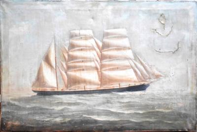 UNATTRIBUTED; a 19th century oil on canvas, sailing ship in full sail on choppy waters, 51 x 76cm, unframed.