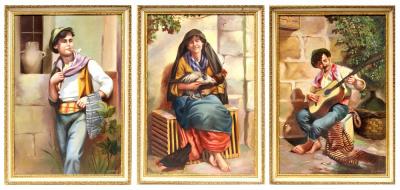 C SPITERI (Continental, 20th century); oil on board, three-quarter length portrait of a young man smoking a pipe and two others by the same artist, one depicting a woman holding chickens, the other a man playing guitar, all signed, each 62 x 41.5cm, all framed (3).