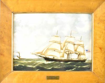 A Wedgwood tile printed with a clipper ship 'Golden West', 17.5 x 23.5cm, framed.