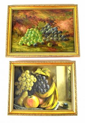 WILLIAM HOWARD HARDY (1800-1900); oil on canvas depicting still life of fallen grapes, signed lower left, 24 x 34cm, framed and W Lambert; oil on canvas depicting still life bowl of fruit, signed lower left and dated 1913, 22 x 29cm, framed (2).