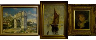 E ZEPP; oil on board depicting a Roman archway within ruins, signed E Zepp STGT, 43 x 58cm, framed, an oil on canvas depicting fishing boat, indistinctly signed, 42 x 28cm and a print of a young boy (3).