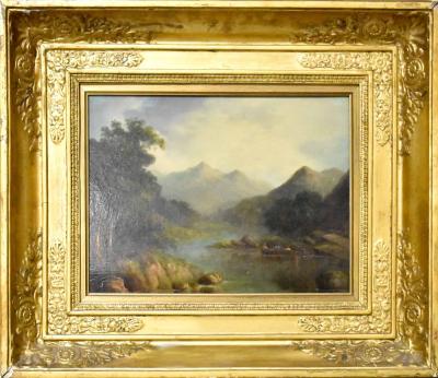 UNATTRIBUTED; a late 19th century oil on board countryscape of a fishing scene with two men in a boat to the foreground and mountains in the background, gallery labels verso, 26 x 36cm, framed.