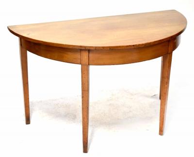 A George III mahogany D-end table with plain frieze, on square tapering legs, 74.5 x 129 x 69.5cm.