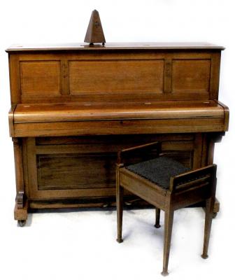 A John Broadwood and Sons, London, mahogany upright piano, retailed by William Lea, 50 & 52 Church Street, Liverpool, in plain case, movement stamped 89648, case stamped WL31166, length 138cm, an Edwardian mahogany music stool with hinged lid and open rails and a metronome, case stamped Metronome De Maelzel (3).