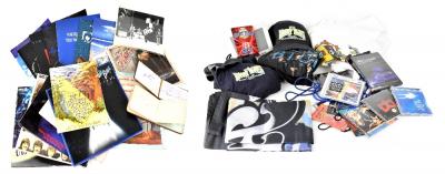 Various Moody Blues items to include five LPs, twelve concert programmes, three posters, two signed by Graeme Edge, a black and white photograph of the band playing in a studio, a Moody Blues cruise photo frame, lanyards, DVDs, T-shirts and other concert related items, a War of the Worlds musical programme and two autograph books to include Bruce Forsyth.