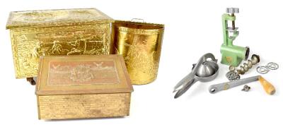 Three brass-bound boxes to include a coal box with embossed ship design to the lid, a slipper box with Dutch theme to the lid, a demi-lune shaped log box with windmills and various items of kitchenalia (4).