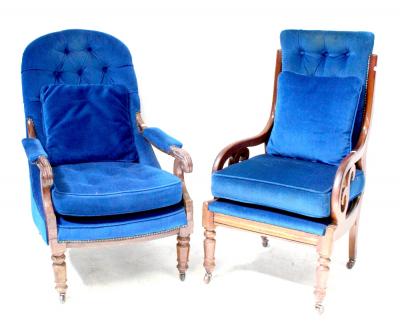 Two Victorian non-matching mahogany armchairs, one curved top rail to outswept padded arms, baluster supports and castors, one upright deep button back to curved arms, baluster supports and castors (2).