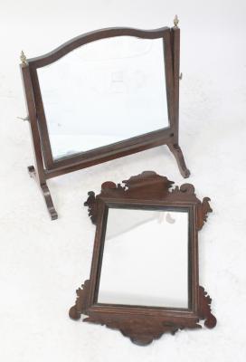 An Edwardian rectangular dressing table swing mirror and a Victorian mahogany fretwork wall hanging mirror, length 62cm (2).
