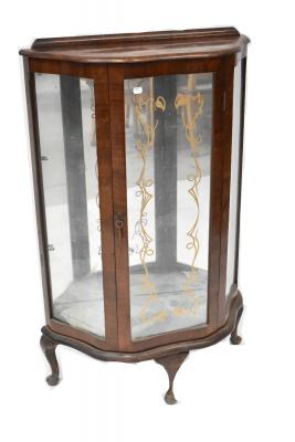A mid-20th century rosewood glazed display cabinet with printed motif, on cabriole legs, height 118cm, width 74cm, depth 29cm.