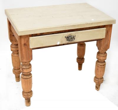 A Victorian painted pine table with single drawer, the top and drawer both painted, on previously stained turned legs, 76 x 86 x 58cm.