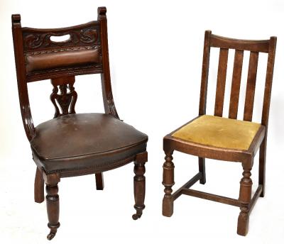 A pair of late 19th/early 20th century mahogany carvers, splat backs to outswept arms, cabriole supports and pad feet, three matching dining chairs and two other non-matching dining chairs (7).