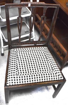 A pair of George III mahogany dining chairs with pierced back rails and overstuffed seats, on square legs united by an H-stretcher and a gold painted bergère bedroom chair (3).