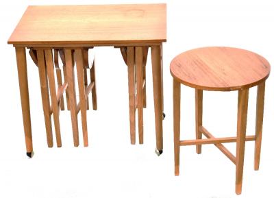 A 1960s retro teak coffee table containing four smaller gateleg drop-leaf tables, on tapering turned supports to castors, 56 x 62 x 42cm.