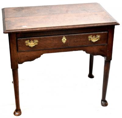 An early 19th century side table, one long central drawer to column and hoof supports, 70 x 80 x 49cm.