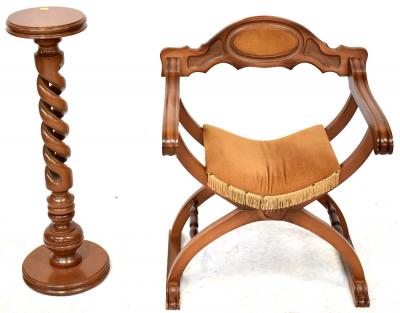 A modern wood open twist column plant stand, height 87cm and a modern X-frame bedroom chair with upholstered back and seat, height 79cm, width 69cm.
