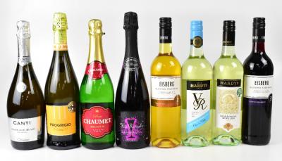 Four bottles of sparkling wine to include Chaumet Premium Brut, two bottles of white wine and two bottles of Eisberg non-alcoholic win (8).