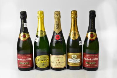 Four bottles of Champagne including two bottles of Charles Lafitte Grand Cuvee Brut, a bottle of Moët & Chandon, a bottle of R Renaudin Brut Reserve Champagne, together with a bottle of Cava (5).