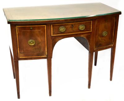 A George III mahogany crossbanded and line inlaid bow fronted sideboard, with single frieze drawer flanked by pair of deep drawers, raised on square tapering supports, 88 x 122 x 59cm (af).
