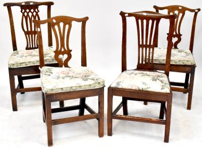 A harlequin set of four Georgian oak splat back dining chairs, all raised on square section stretchered supports (4).