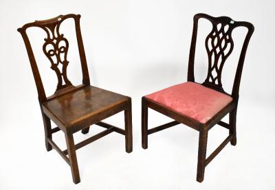 A George III mahogany splat back dining chair with pierced support above a pink satin upholstered drop-in seat, on square legs, height 94cm and a similar chair with solid seat, height 96cm (2).