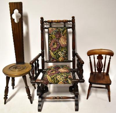 A children's Victorian-style rocking chair with upholstered seat and back, on bobbin turned supports, height 71cm, a reproduction miniature or dolls' farmhouse kitchen chair, height 42cm and a mahogany spinning chair, height 86cm (3).