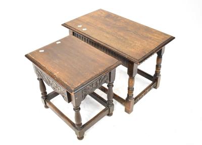 An early 20th century small oak drop-leaf occasional table with turned and stretchered supports, a small oak side table with egg and dart frieze decoration, raised on turned and stretchered supports and a small oak stool with acanthus leaf carved frieze, raised on turned and block stretchered supports, also a towel rail and a cane seated bedroom chair (5).