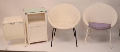 A pair of Lloyd Loom style hoop-back chairs, a Lloyd Loom style bedside cabinet, height 64.5cm and sewing box (4).