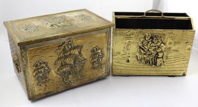 A maritime-themed brass coal box decorated with galleons and lion mask drop handles, width 41cm and a brass magazine rack decorated with North European fireside scene, width 37cm (2).