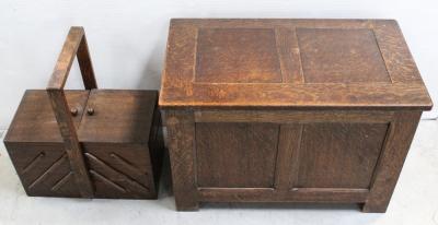 A early-to-mid 20th century oak panel blanket box and an oak drawer compartment sewing box, height 48.5cm (2).