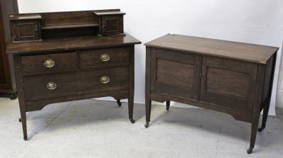 A 19th century oak panel wash stand on square tapering legs to porcelain castors, with replacement top, width 89cm and a 1930s oak dressing table (lacking mirror) (2).