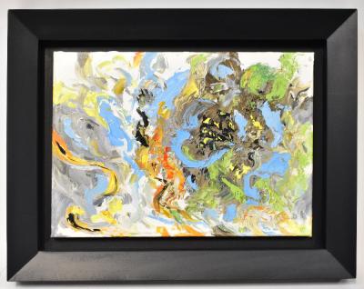 FRIEDA HUGHES; oil on canvas, 'All that effort and then the Champagne ', 25.5 x 35.5cm, framed.
