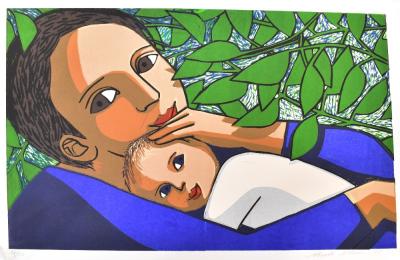 ANITA KLEIN; linocut, 'Betty & The Leaves', 40 x 60cm.
