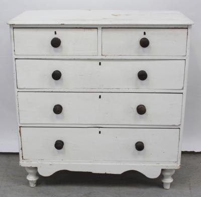 A Victorian white painted pine chest of two-over-three drawers with shaped apron and on turned onion feet, height 112cm.