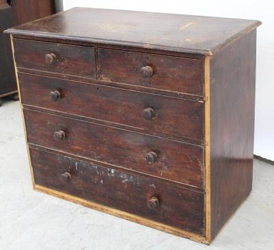 A Victorian mahogany chest of two-over-three drawers height 90.5cm (af, lacking legs).