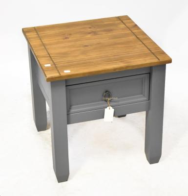 A square topped occasional table with painted grey base, single drawer on square legs, 55.5 x 54cm.