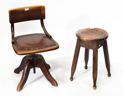 An oak swivel office/workshop chair, with leatherette padded seat and open back, the seat raised with screw movement, on four splayed bracket supports, together with a vintage oak four-legged stool, with circular recessed seat, on four square and match end supports, height 50cm (2).